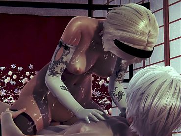 2B sucks cock juicy and rides it vigorously in a cowgirl position